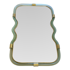 Contemporary Wave Mirror in Green and Gold "Torchon" Torciglione Murano Style Glass