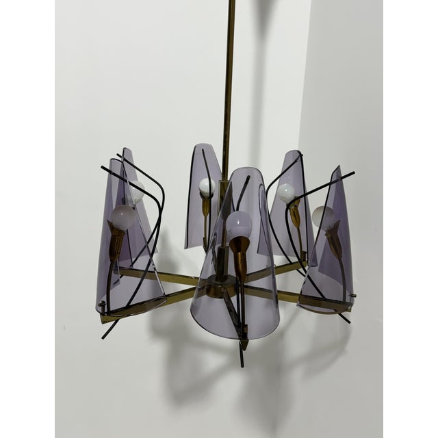 Brass and Purple Acrylic Glass Chandelier in the style of Stilux Milano, 1960s For Sale - Image 10 of 14