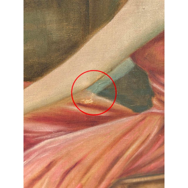 Antique Realism "Women in Pink Dress W/ Forest Doves" Oil on Canvas Painting For Sale - Image 12 of 16