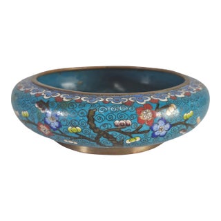 Chinese Cloisonné Lotus Tree Enamel Blue Bowl For Sale