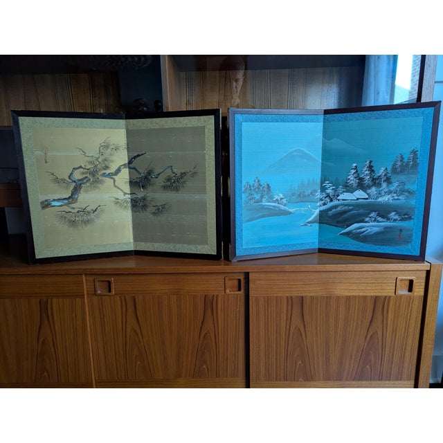 1970s Vintage Japanese 2-Panel Desktop Byōbu Folding Screen Signed Seihō - Winter Landscape For Sale - Image 11 of 12