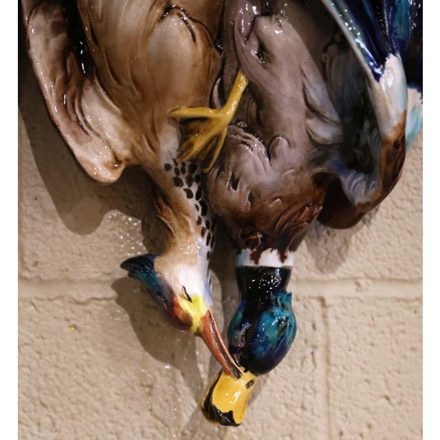 Pair Early 20th Century French Barbotine Majolica Game Bird Wall Pockets For Sale - Image 10 of 14