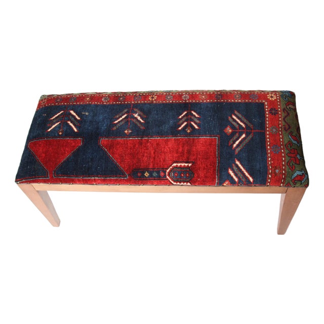 Antique Kazak Wool Rug Upholstered Bench, Rustic Tribal Accent Bench With Wooden Legs For Sale