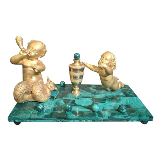 19th Century Italian Malachite and Ormolu Inkwell with Cupid and Mermaid, Mythol, 1890 For Sale