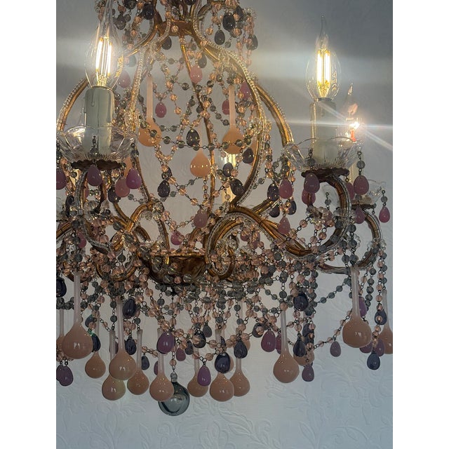 Vintage Gilded Metal Murano Glass Drop Chandelier, 1940s For Sale - Image 17 of 18