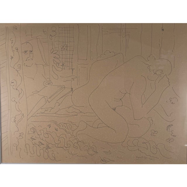 A striking modernist figural drawing depicting a reclining nude in an interior, executed in fluid, economical black line...