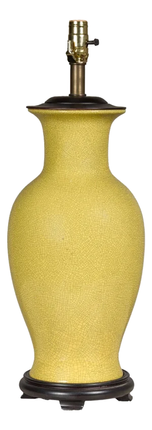 Late 20th Century Yellow Crackle Glazed Ceramic Vase Made into Table Lamp on Wooden Base, US Wired