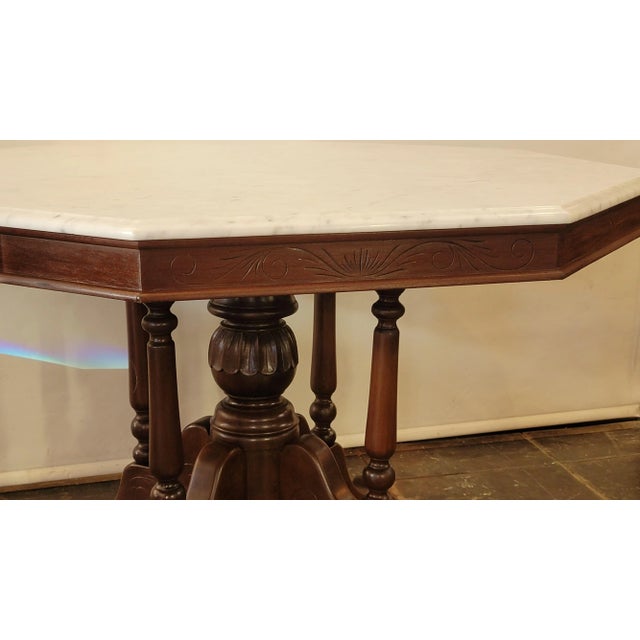Victorian Victorian Style Marble Top Dining Table Octangle White Carrara Marble With Brown Mahogany Base For Sale - Image 3 of 7