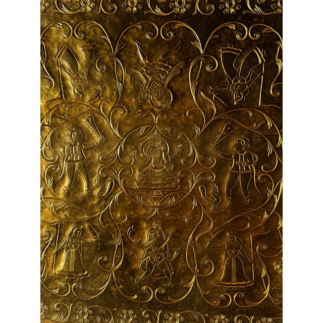 Indian Vintage South India Elongated Octagonal 19.5” Brass Serving Tray With Etched Ethnic, Folklore, Mythological Accents For Sale - Image 3 of 10