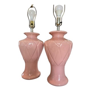 Pair of Vintage Blush Pink Ceramic Diamond Pattern Table Lamps With Three Settings/No Shades For Sale