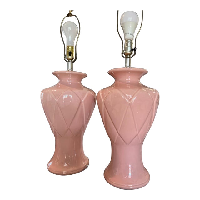 Pair of Vintage Blush Pink Ceramic Diamond Pattern Table Lamps With Three Settings/No Shades For Sale