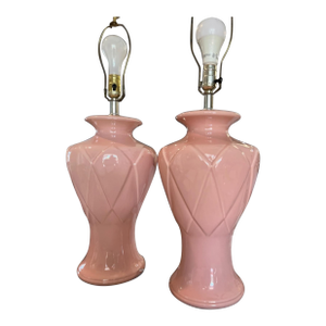 Pair of Vintage Blush Pink Ceramic Diamond Pattern Table Lamps With Three Settings/No Shades