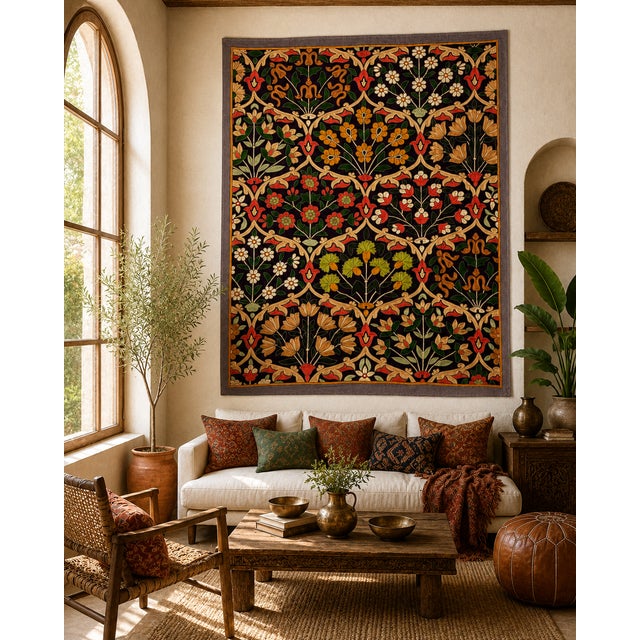 A magnificent large-scale vintage silk embroidered textile featuring an intricate all-over botanical pattern inspired by...