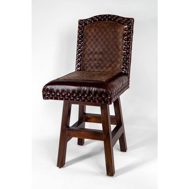 Rustic Cowhide Swivel Stool, Kennedy Ranch Leather Barstool, Western Nailhead Counter Chair For Sale - Image 4 of 7