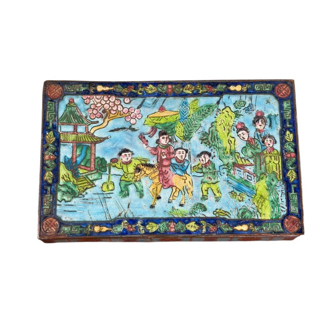 Paint Vintage Chinoiserie Enamel Repousse on Brass Hinged Box For Sale - Image 7 of 9