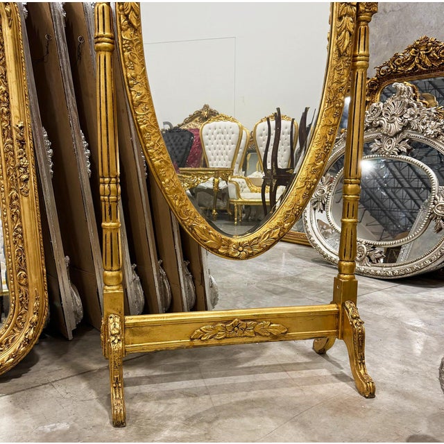 French Golden Oval Floor Mirror, French-Italian Style For Sale - Image 3 of 10