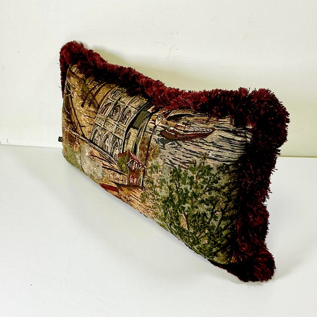 1980s 1980s Vintage Rustic European Boho Chic Tapestry Style Fringed Lumbar Decorative Pillow For Sale - Image 5 of 13