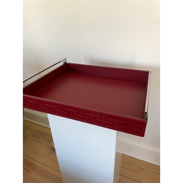 Global Views 2000s Global Views Red Leather Embossed Tray With Metal Handles For Sale - Image 4 of 11
