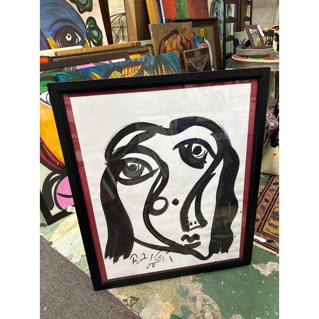 1970s Peter Keil Original Abstract Black and White Portrait Painting For Sale - Image 5 of 7
