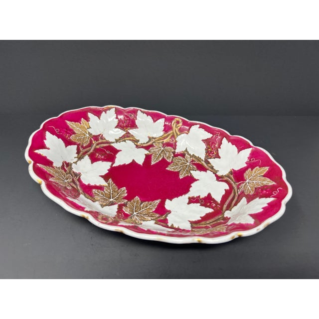 Antique Hand-Painted Bavarian Porcelain Cranberry & Gilt Botanical Serving Dish c.1900 For Sale In Seattle - Image 6 of 8