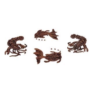 Vintage Indonesian Copper Batik Tjap Stamp Walnut Wood Serving Tray Lobsters and Fishes For Sale