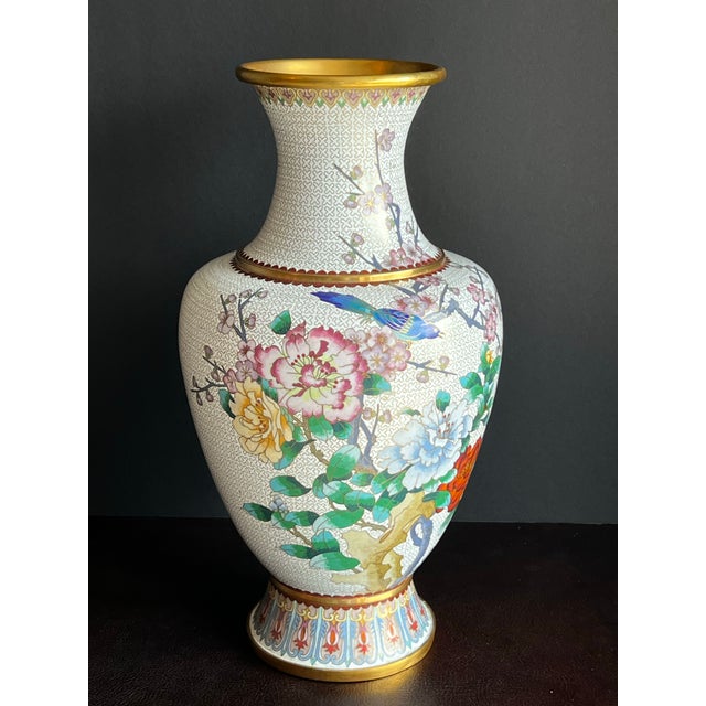 Large Vintage Chinese Cloisonné Vase - White With Flowers and Blue Birds For Sale - Image 10 of 12