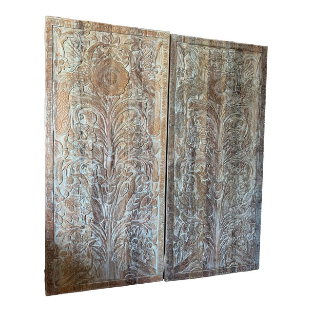 Hand-Carved Tree of Life Wall Panel – Blue Washed Rustic Wood Art, Vintage Barn Door 80 For Sale