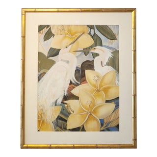 1940s Original Gouache Painting Egret Birds by James McCracken Signature Bamboo Framed Wall Art For Sale