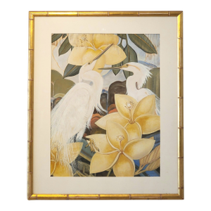 1940s Original Gouache Painting Egret Birds by James McCracken Signature Bamboo Framed Wall Art