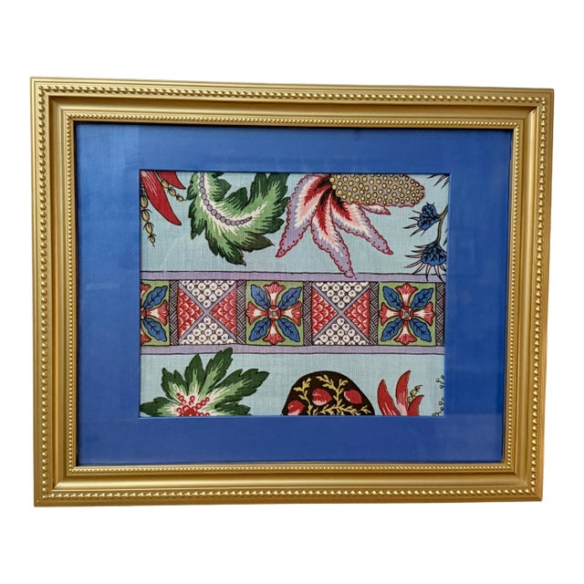 Schumacher "Bailey Botanical" Fabric Art in Upcycled Thin Gold Frame For Sale