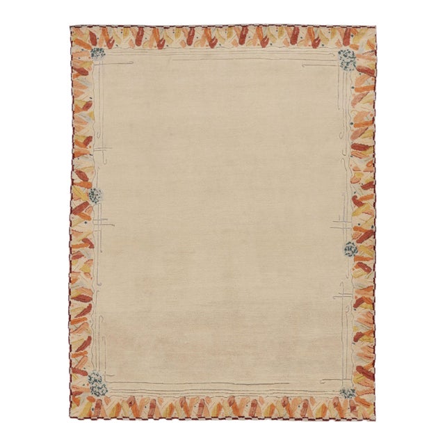 Contemporary Art Deco Style Floral Wool Rug in Beige by Rug & Kilim, India For Sale