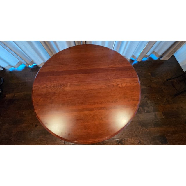 American 1980s Ethan Allen Solid Cherry Wood Pedestal Extension Dining Table With Glass Top For Sale - Image 3 of 15