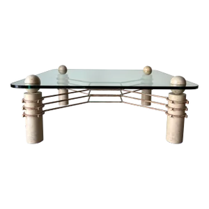 Postmodern Wood and Metal Square Coffee Table With Glass Top