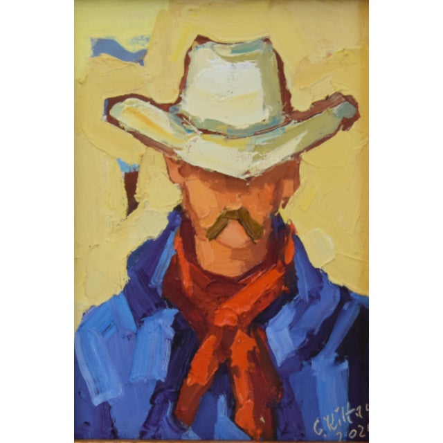 Impressionist oil painting on an artist's hardboard panel of a western cowboy with a hat displayed in a complementary...
