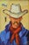 Impressionist oil painting on an artist's hardboard panel of a western cowboy with a hat displayed in a complementary...