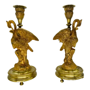 Pair, French Empire Gilt Bronze Crane Motif Candlesticks Circa 1815