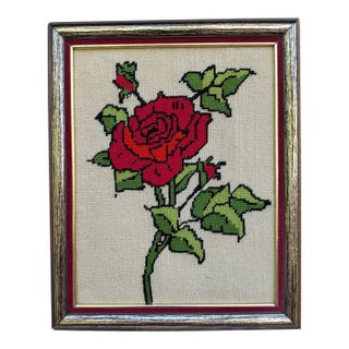 Mid-Century Red Rose Framed Needlepoint For Sale