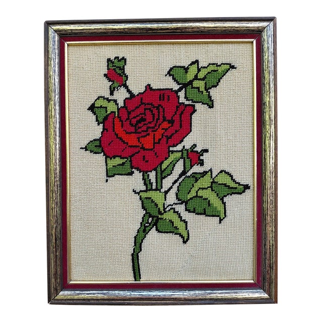 Mid-Century Red Rose Framed Needlepoint For Sale