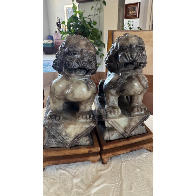 Gray Marble Chinese Foo Dogs, Temple Lions 6” Tall. Each Foo Dog is carved from single pieces of gray marble, with...