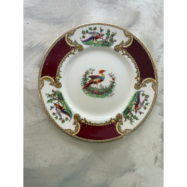 Myott Son & Co. 1930s Myott Staffordshire Chelsea Bird Salad Plates Burgundy Gold English China - Set of Eight (8) 7 7/8” For Sale - Image 4 of 11