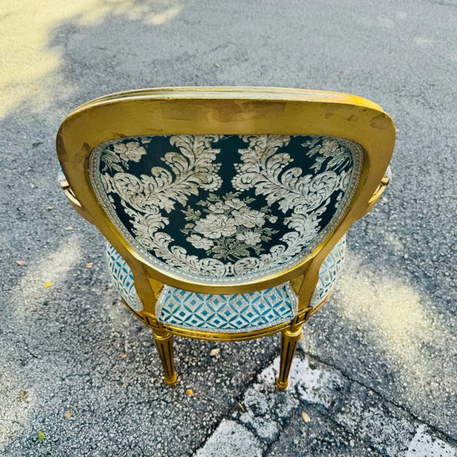 Baroque Blue Damask Chair With Gold Leaf Details For Sale In Miami - Image 6 of 7