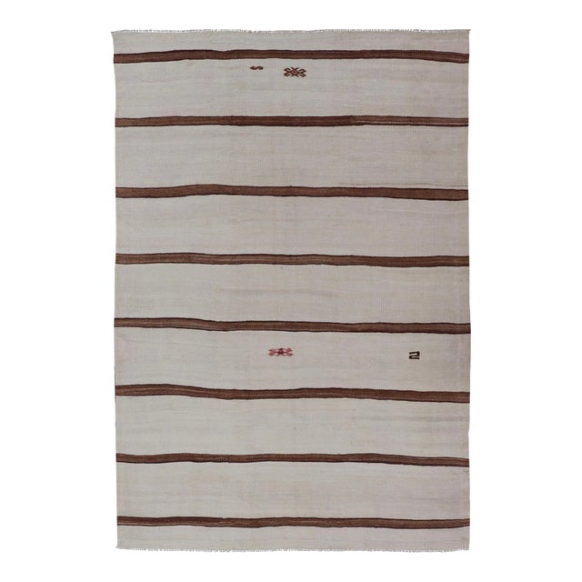 Mid 20th Century Turkish Vintage Flat-Weave in Light Brown and Cream With Stripe Design For Sale