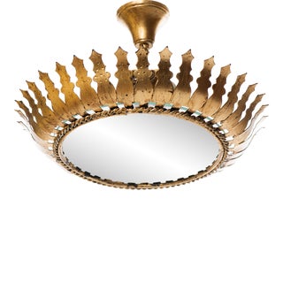 1960s Spanish Gilt Metal and Frosted Glass Sunburst Ceiling Light Fixture or Pendant For Sale