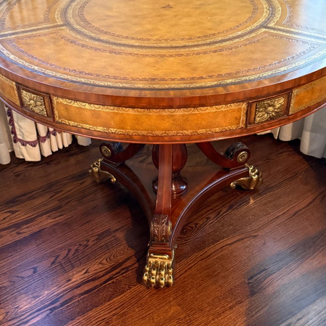 Maitland Smith Brass Mounted Mahogany and Leather Drum Table For Sale - Image 11 of 12