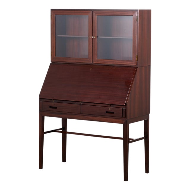 Vintage Mahogany Secretaire with Display Cabinet by Kai Winding for P. Jeppesen, 1950s For Sale