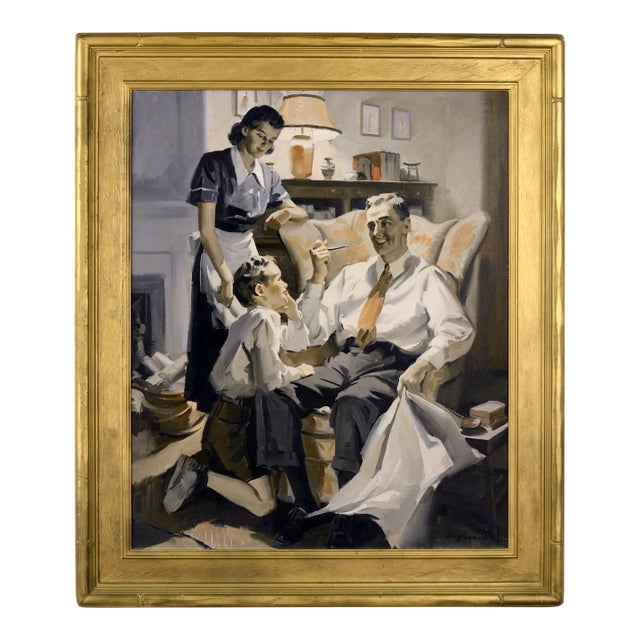 "Happy Family", Mid Century Sepia Figurative Interior Scene, Illustration Art by Charles Kinghan For Sale