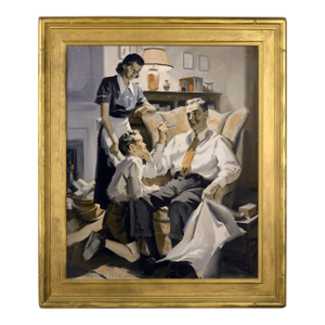 "Happy Family", Mid Century Sepia Figurative Interior Scene, Illustration Art by Charles Kinghan