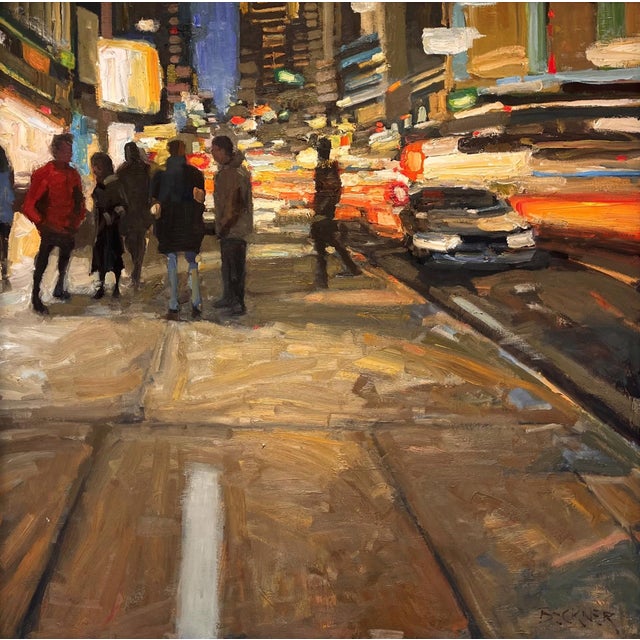 Sidewalk Lights by Jim Beckner | Oil on Canvas Night scene of people walking on a city sidewalk. For Sale