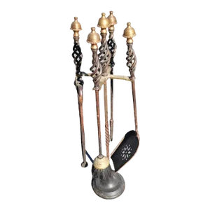 1930s Set of 5 American Art Deco Brass Mushroom Head and Iron Fireplace Tools With Stand