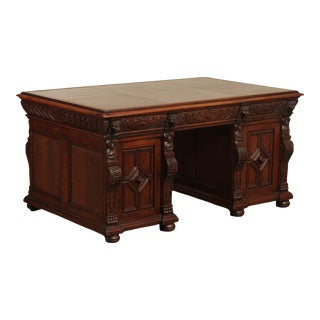 Antique Carved Oak Renaissance Revival Leather Top Partners' Desk For Sale